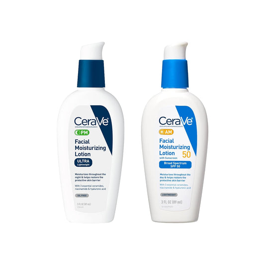 CeraVe facial moisturizing lotion set, featuring PM and AM lotions for hydration and sun protection.