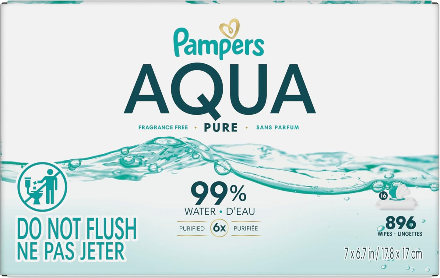 Pampers Aqua Pure Baby Wipes, 99% Water, Fragrance Free, Unscented, Water Based, Multi-Use, 896 Wipes Total (16X Flip-Top Packs) [Packaging May Vary]