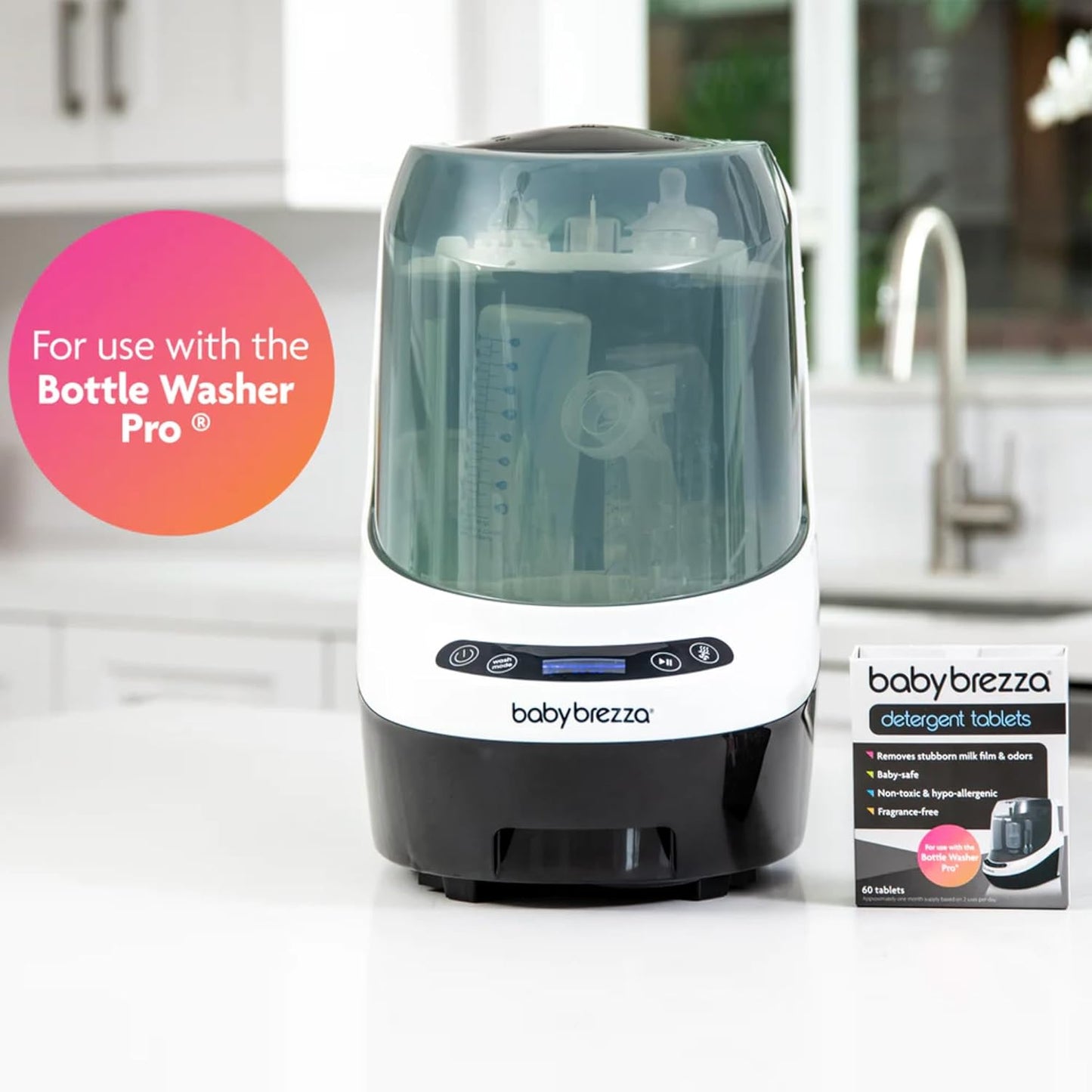 Baby Brezza Bottle Washer Pro with detergent tablets, essential baby bottle washer detergent tablets for cleaning bottles.