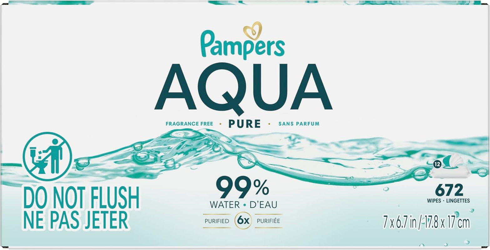 Pampers Aqua Pure Baby Wipes, 99% Water, Fragrance Free, Unscented, Water Based, Multi-Use, 672 Wipes Total (12X Flip-Top Packs) [Packaging May Vary]