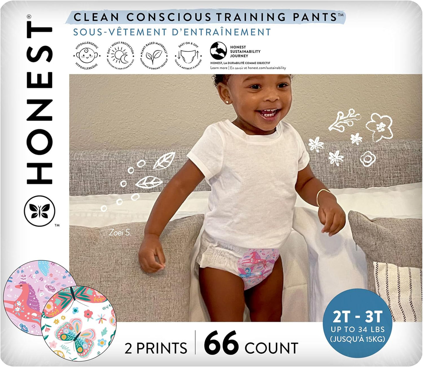 The Honest Company Clean Conscious Training Pants for Sensitive Skin, Hypoallergenic, Fragrance-Free, Magical Moments Butterfly Kisses Size 2T/3T (Up to 34 Lbs), 66 Count