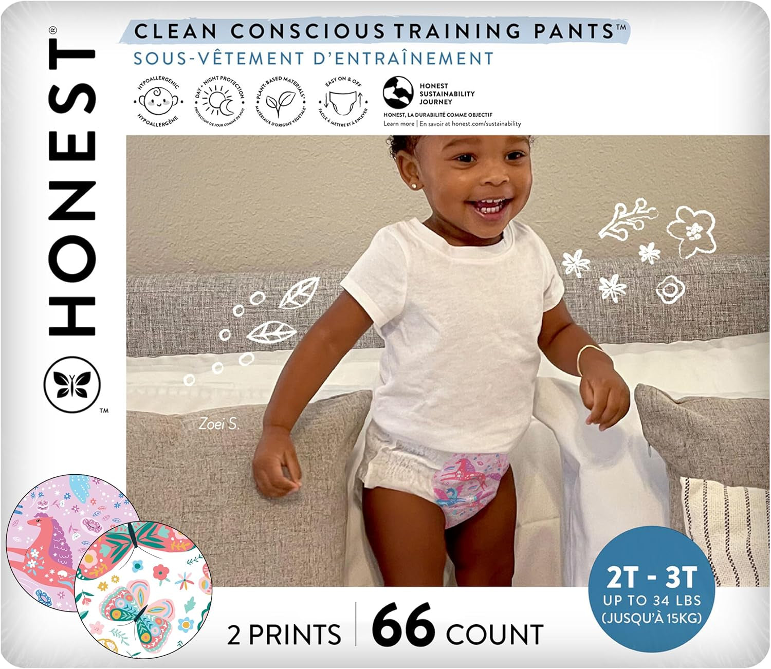 The Honest Company Clean Conscious Training Pants for Sensitive Skin, Hypoallergenic, Fragrance-Free, Magical Moments Butterfly Kisses Size 2T/3T (Up to 34 Lbs), 66 Count