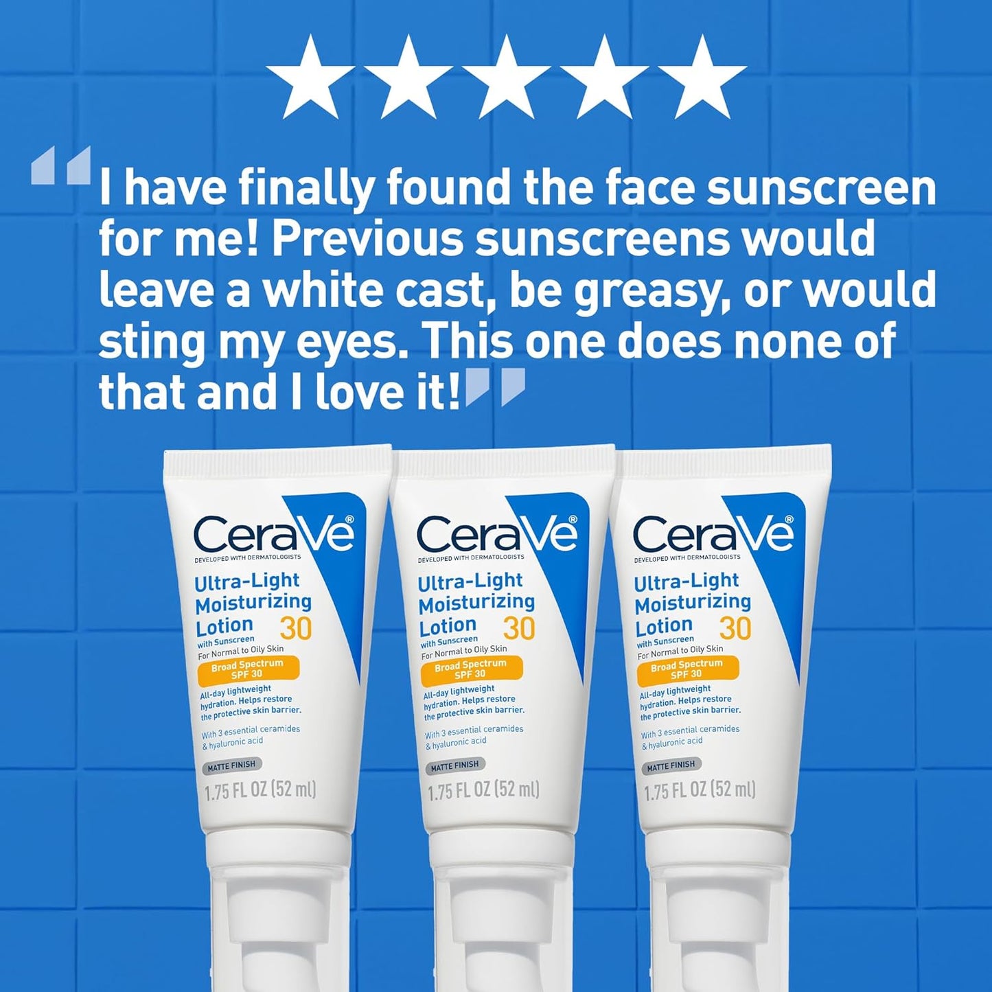 CeraVe face moisturizer SPF 30 review showing three tubes of Ultra-Light Moisturizing Lotion with SPF 30 on blue background.