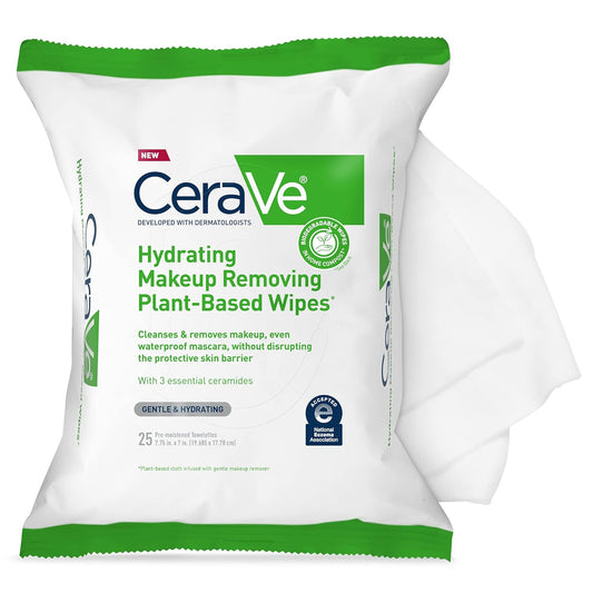 CeraVe plant-based makeup remover wipes for sensitive skin, 25ct, gently cleanses and removes waterproof makeup.