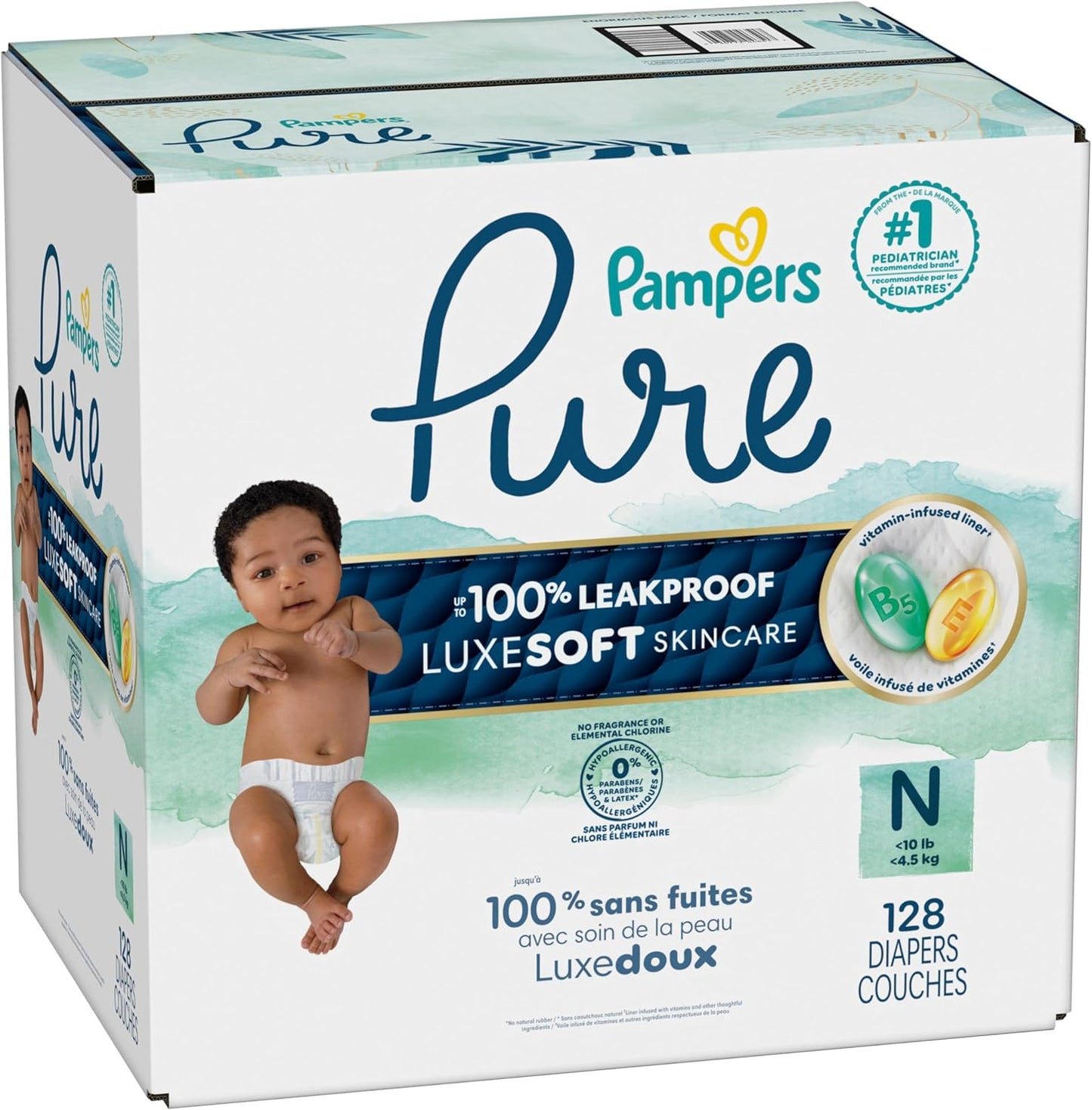 Pampers Pure Baby Diapers, Size 0 (>10 Lbs ), 128, up to 100% Leakproof, Premium Hypoallergenic Soft Diapers