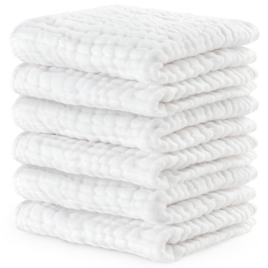 Comfy Cubs Muslin Baby Washcloths 6 Pack - Soft 6-Layer Cotton Wash Cloths for Sensitive Skin - 10"X10" Large, Gentle, Absorbent Infant Essentials for Newborn and Toddlers - White