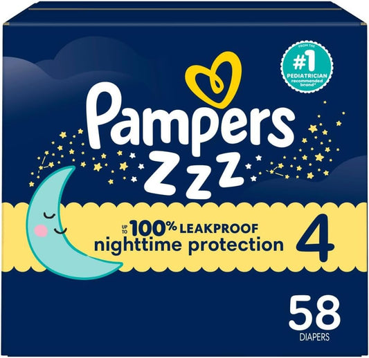 Pampers ZZZ Overnight Diapers, Size 4 (22-37 Lbs), 58 Count, Nighttime Protection Disposable Baby Diaper, Night Time Leak and Skin Protection