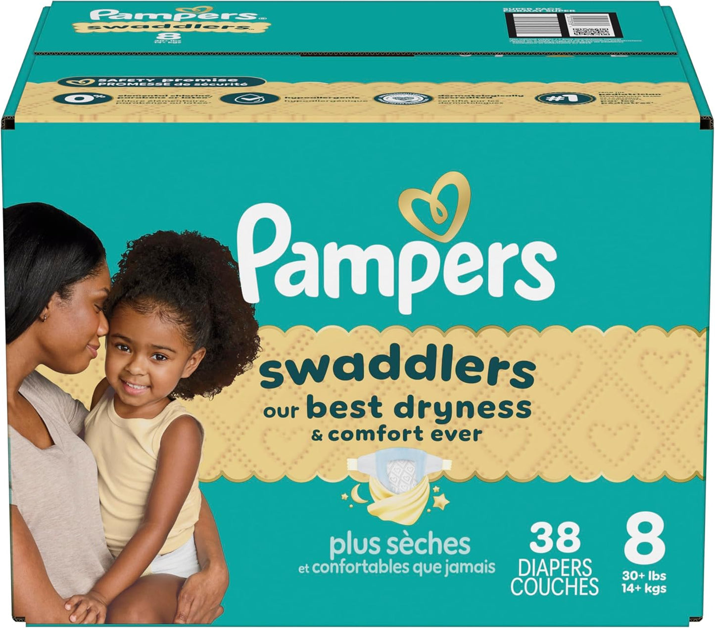 Pampers Swaddlers Diapers, Size 8 (30+ Lbs), 38 Count, Absorbent, Keeps Baby Dry and Comfortable, Skin Safe Disposable Baby Diaper (Packaging May Vary)