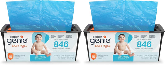 Diaper Genie Easy Roll Refill, 18 Bags per Refill, Holds up to 846 Newborn Diapers, Odor Control, Diaper Pail Bags, Fits Diaper Genie Signature & Platinum Pails, Packaging May Vary (Pack of 2)