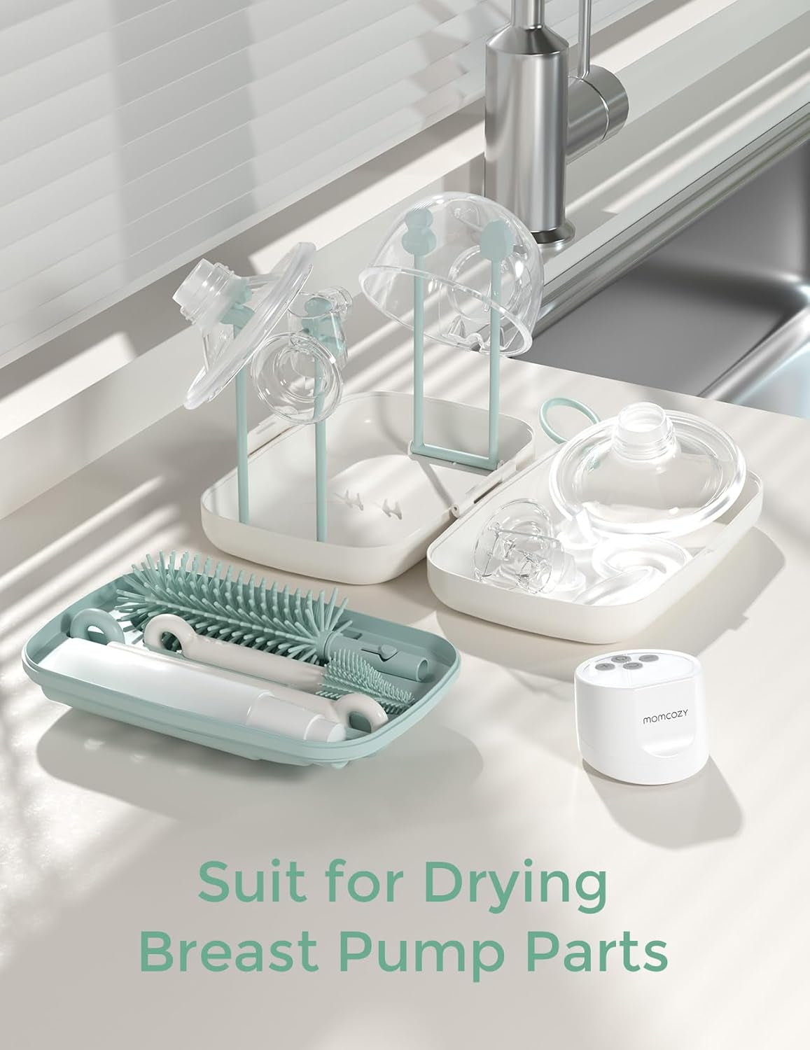 Momcozy Bottle Brush Set - Baby Bottle Cleaner Kit with Silicone Brush, Nipple Brush, Straw Brush, Soap Dispenser, Drying Rack - 7 in 1 Bottle Cleaning Tool for Home and Travel, Green