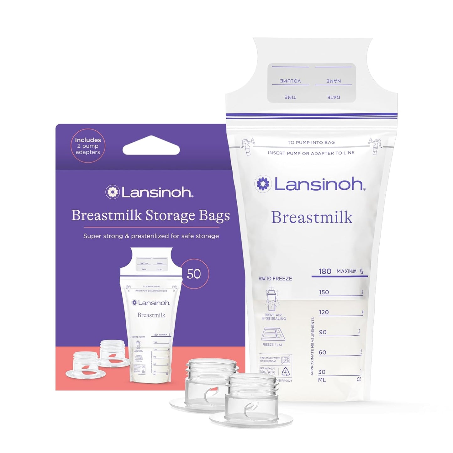 Lansinoh Breastmilk Storage Bags, 50 Count with 2 Pump Adapters, Baby Essentials, Fast Freeze & Thaw Breast Milk Bags for Baby Bottle Feeding, Strength & Stretch, 6 Ounce