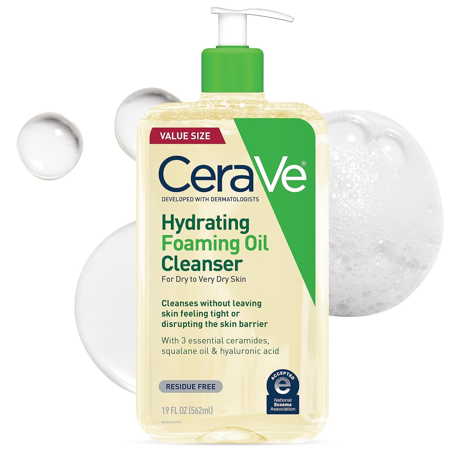 CeraVe Hydrating Foaming Oil Cleanser Squalane Face Body Wash 19 fl oz for dry to very dry skin