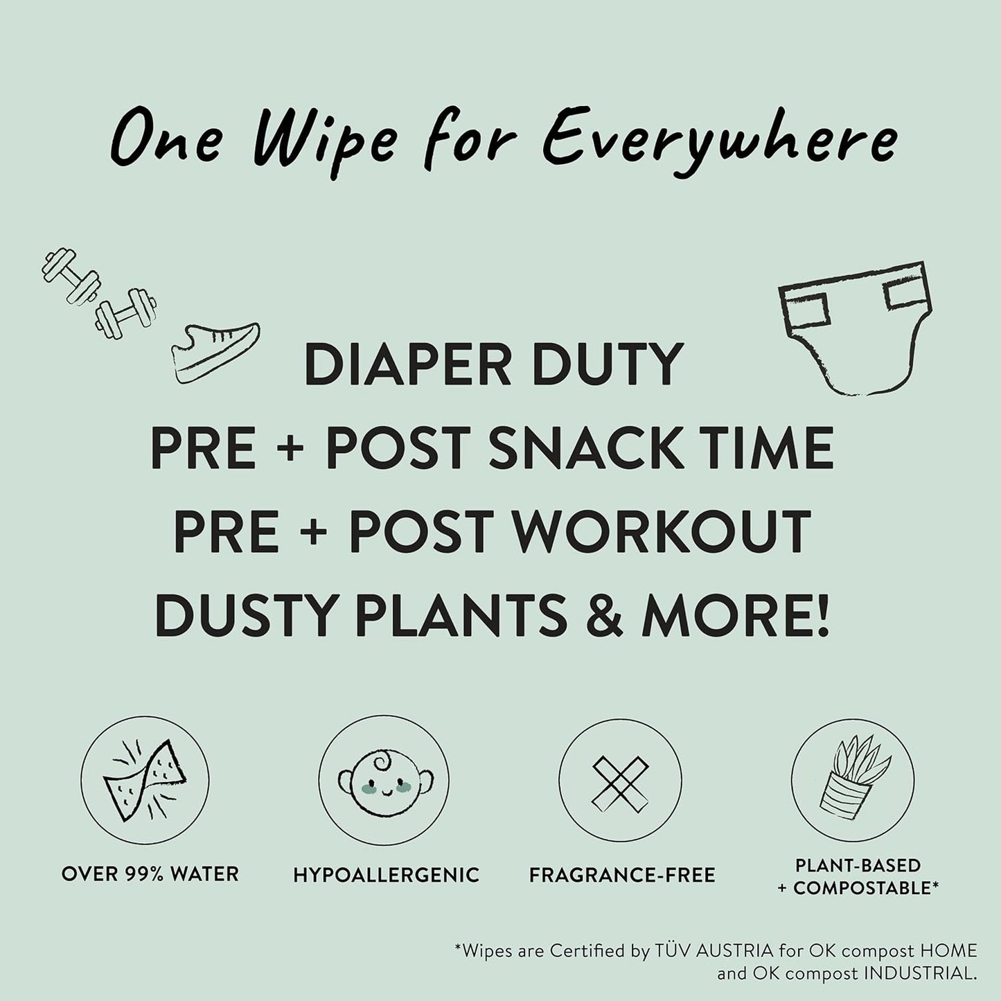 One Wipe for Everywhere infographic highlighting hypoallergenic baby wipes for sensitive skin.