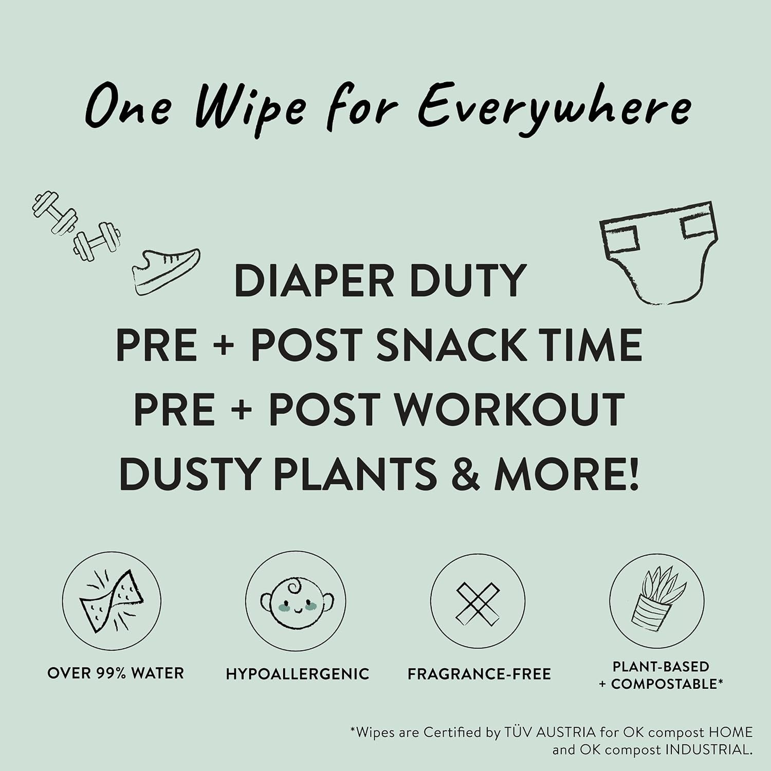 One Wipe for Everywhere infographic highlighting hypoallergenic baby wipes for sensitive skin.
