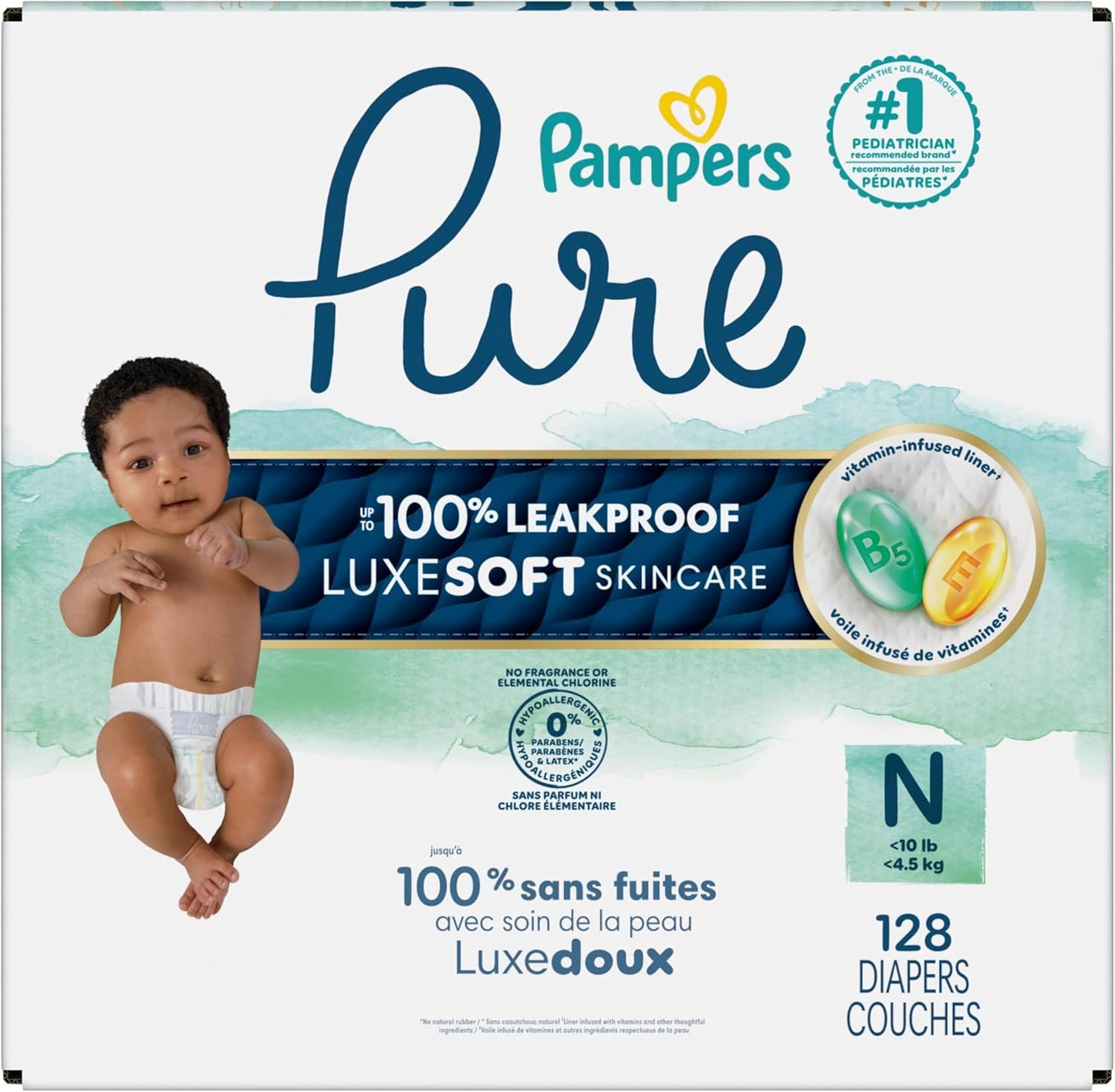 Pampers Pure Baby Diapers, Size 0 (>10 Lbs ), 128, up to 100% Leakproof, Premium Hypoallergenic Soft Diapers