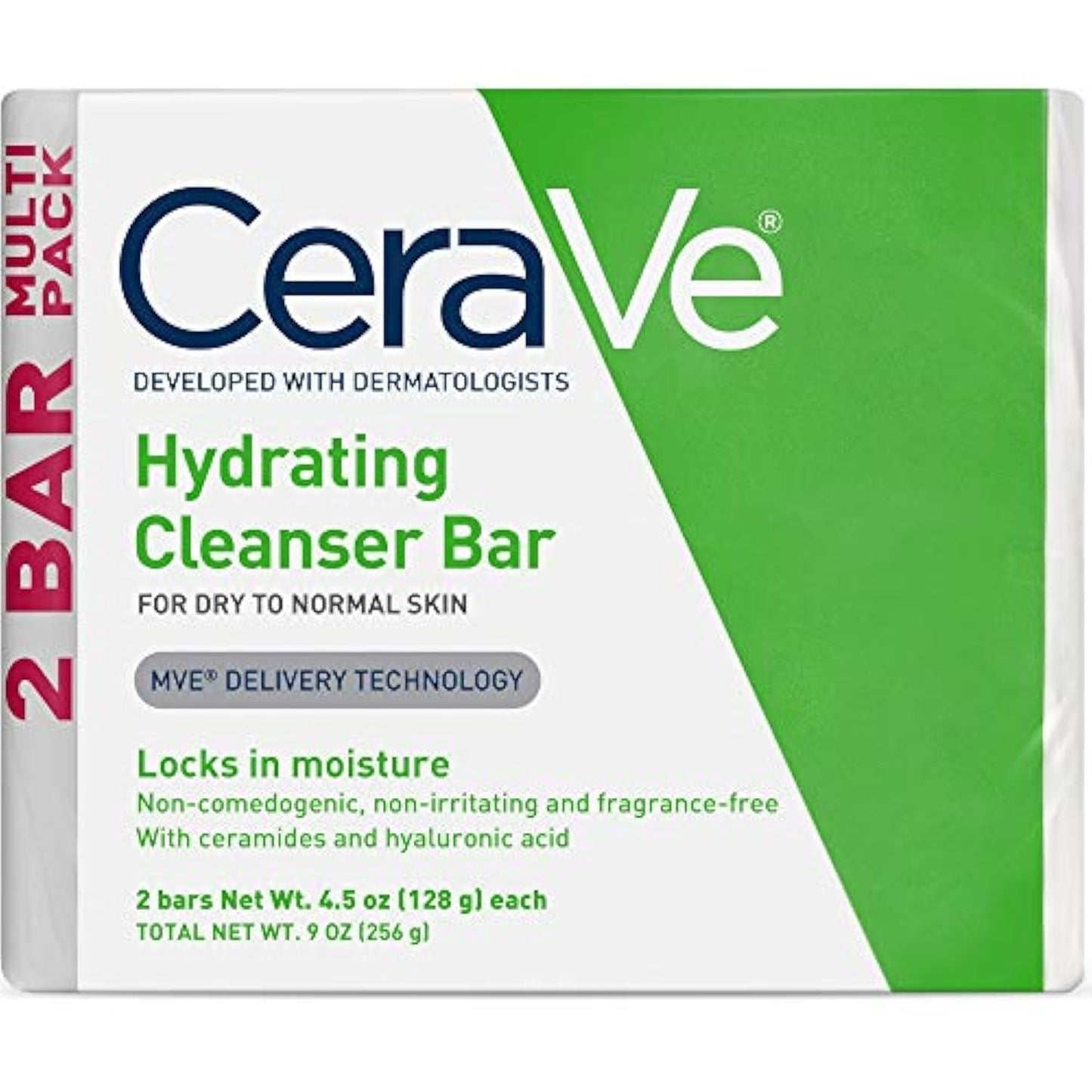 CeraVe hydrating cleanser bar soap packaging featuring moisturizing technology for dry to normal skin.