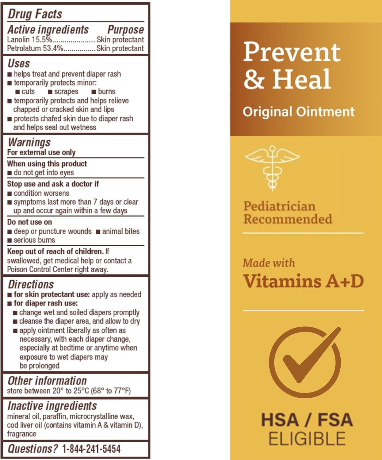 A+D diaper rash ointment label displaying ingredients, uses, and pediatrician recommendation for skin protection.