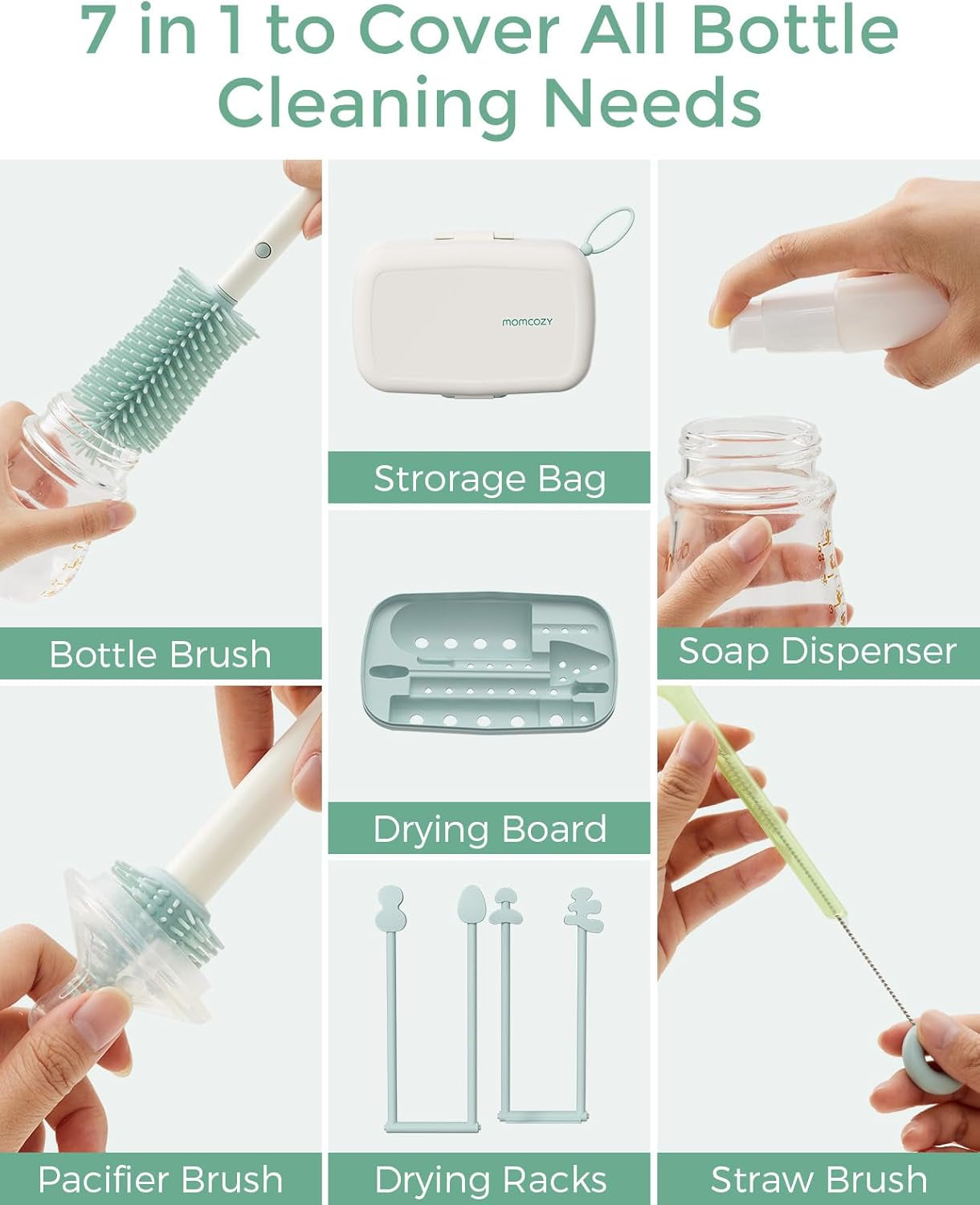 Momcozy 7-In-1 Baby Bottle Cleaner Kit with Silicone, Nipple & Straw Brushes, Soap Dispenser and Drying Rack - Portable Cleaning Tool for Home and Travel, Pink