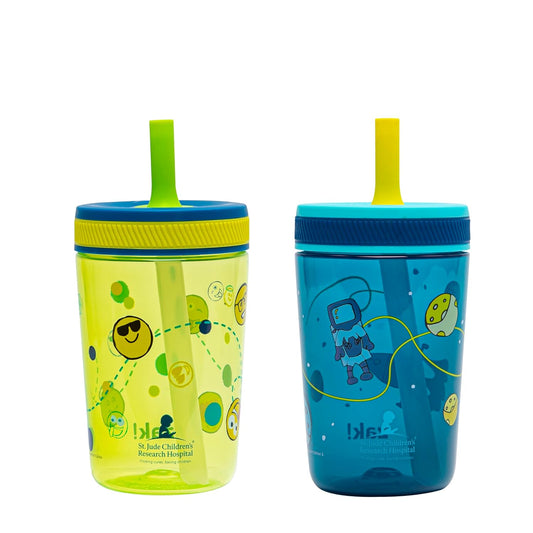 Zak Designs St. Jude Kelso Toddler Tumblers for Travel or at Home, 15Oz 2-Pack Durable Plastic Sippy Cups with Leak-Proof Design Is Perfect for Kids (Space and Smiles)