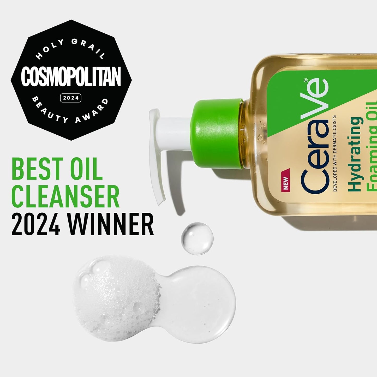 CeraVe Hydrating Foaming Oil Cleanser Squalane Face Body Wash packaging, recognized as Best Oil Cleanser 2024 by Cosmopolitan.