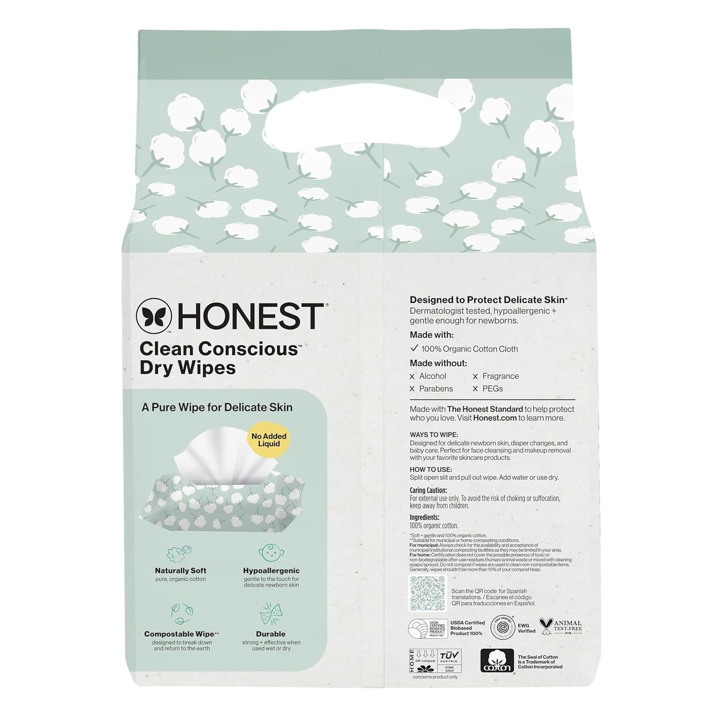 The Honest Company 100% Pure Organic Cotton Dry Wipes, Hypoallergenic, Multi-Use, Baby Facial Cloths, 192 Count