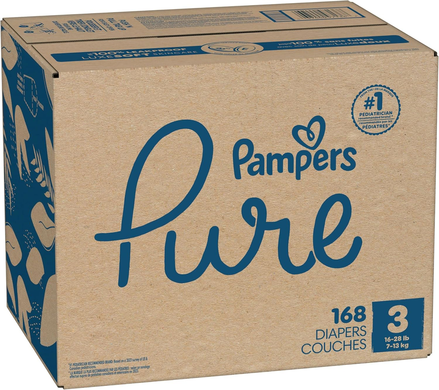 Pampers Pure Baby Diapers, Size 3 (16-28 Lbs), 168, up to 100% Leakproof, Premium Hypoallergenic Soft Diapers