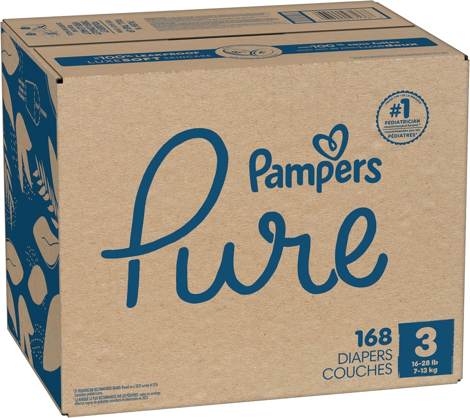 Pampers Pure Baby Diapers, Size 3 (16-28 Lbs), 168, up to 100% Leakproof, Premium Hypoallergenic Soft Diapers