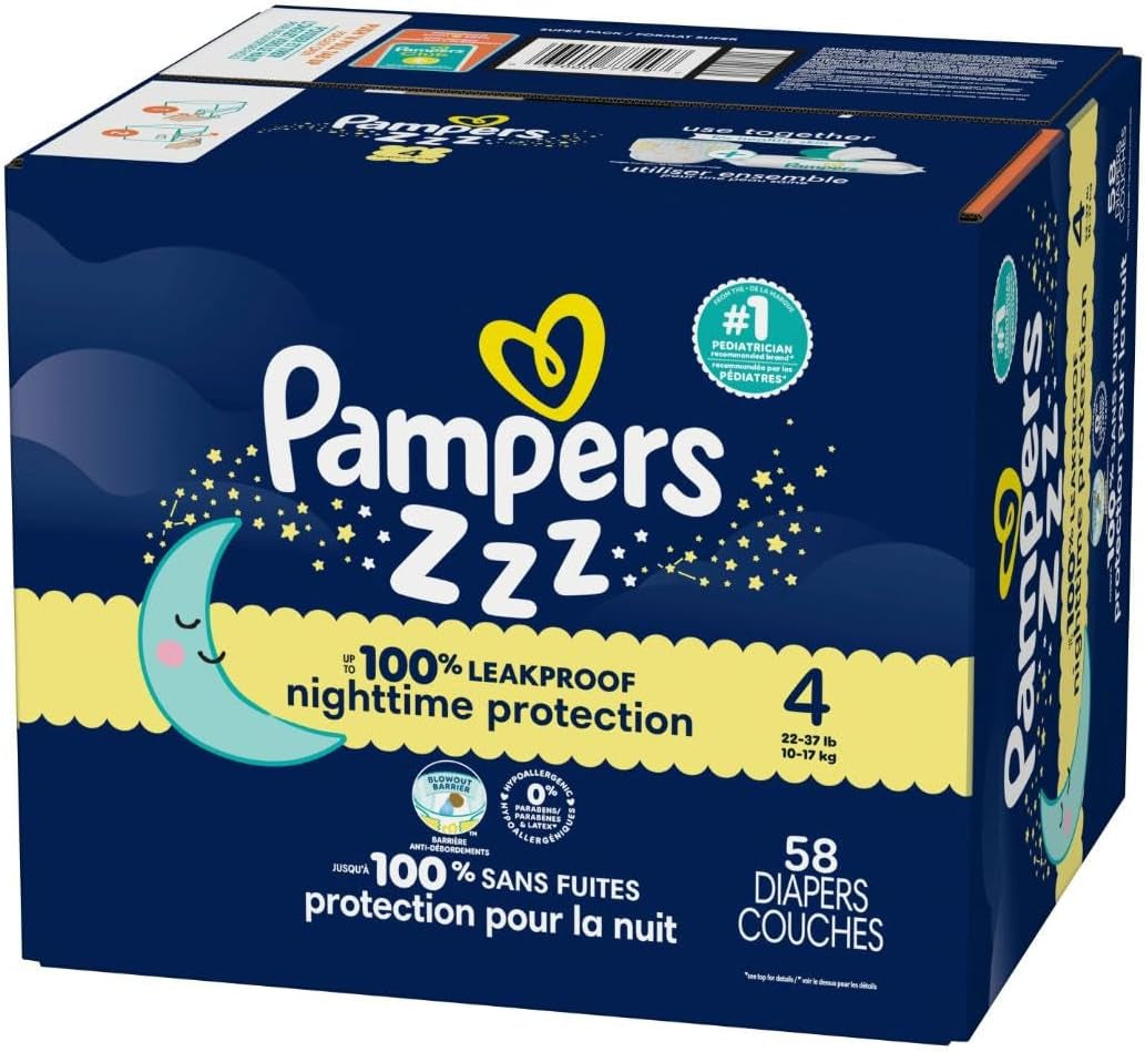 Pampers ZZZ Overnight Diapers, Size 4 (22-37 Lbs), 58 Count, Nighttime Protection Disposable Baby Diaper, Night Time Leak and Skin Protection