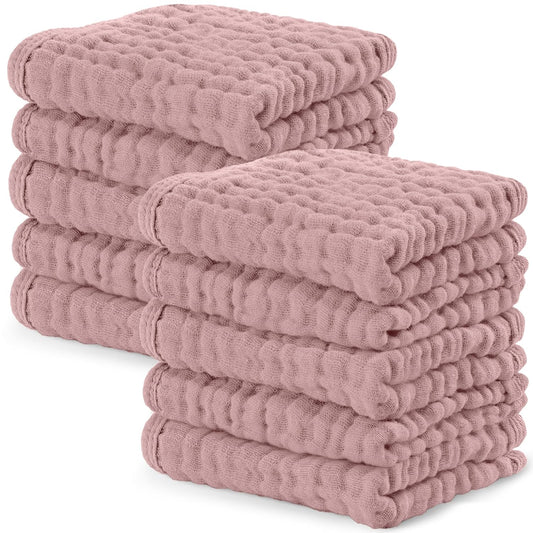 Comfy Cubs Muslin Baby Washcloths 10 Pack - Soft 6-Layer Cotton Wash Cloths for Sensitive Skin - 10"X10" Large, Gentle, Absorbent Infant Essentials for Newborn and Toddlers - Mauve