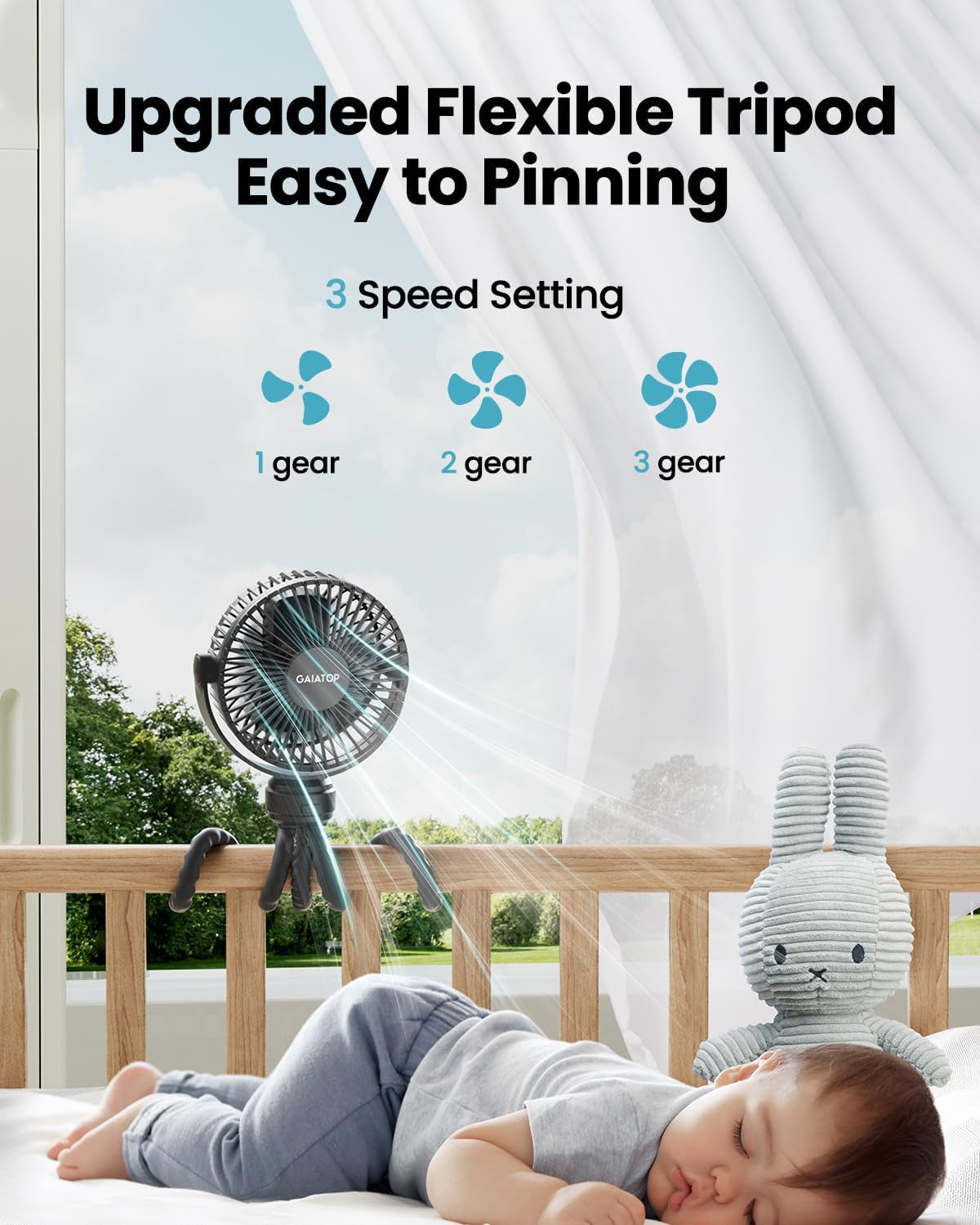 Gaiatop Mini Portable Stroller Fan, Battery Operated Small Clip On, Detachable 3 Speed Rechargeable, 360° Rotate Flexible Tripod Better Cooling for Car Seat Crib Treadmill Travel Green