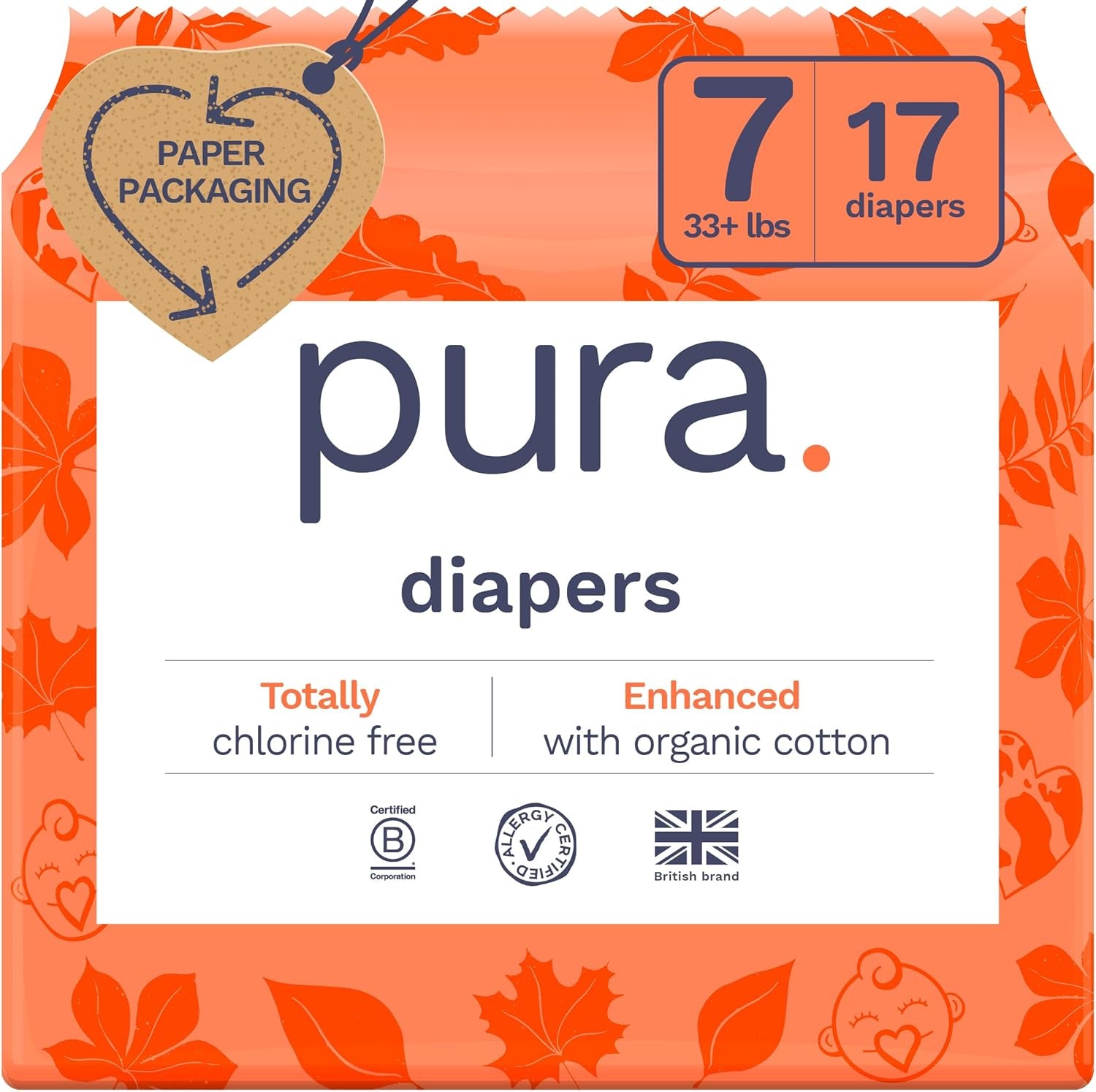 Pura Size 7 Eco-Friendly Diapers (33+Lbs) Totally Chlorine Free (TCF) Hypoallergenic, Soft Organic Cotton Comfort, Sustainable, up to 12 Hours Leak Protection, Allergy UK,1 Pack of 17 Diapers