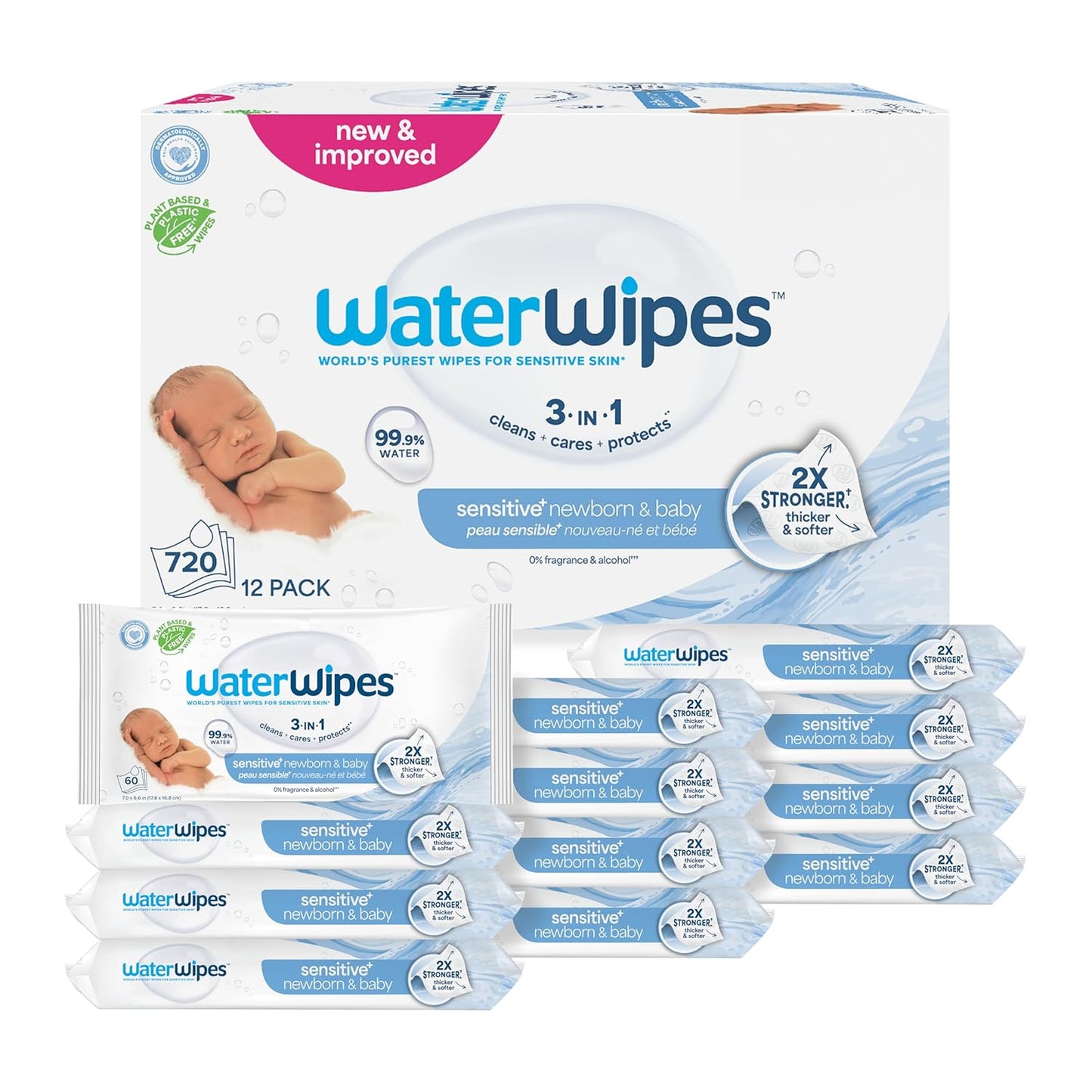 Waterwipes Sensitive+ Newborn & Baby Wipes, 3-In-1 Cleans, Cares, Protects, 99.9% Water, Unscented & Hypoallergenic, 180 Count (3 Packs)