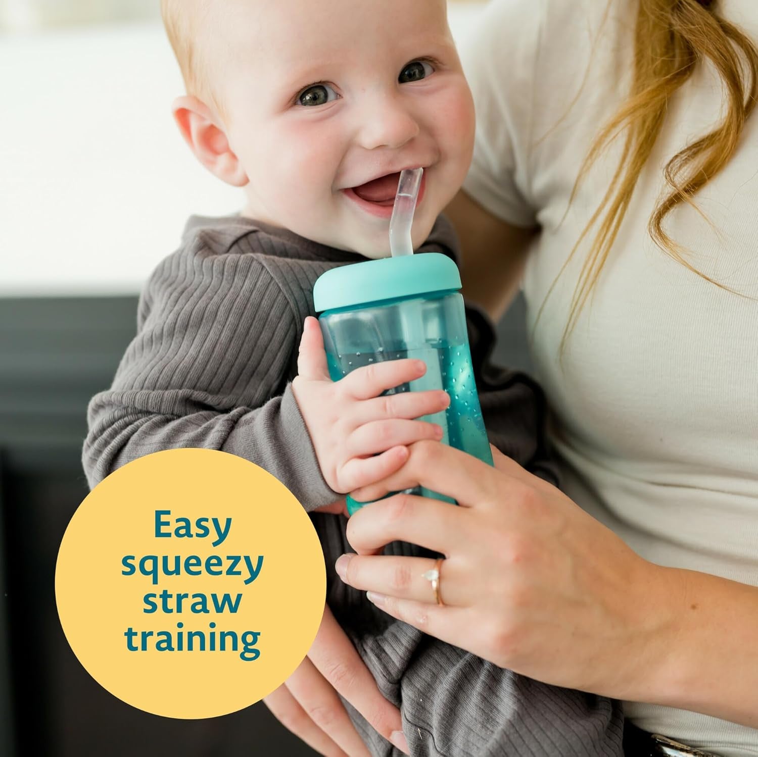 The First Years Squeeze & Sip Toddler Straw Cups - Squeezable Transition Sippy Cup with Silicone Straw - Toddler Feeding Supplies - Blue/Yelllow/Red - 7 Oz - 3 Count - Ages 6 Months and Up