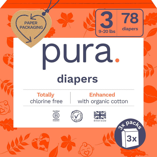 Size 3 Eco-Friendly Diapers (9-20 Lbs) Totally Chlorine Free (Tcf),Hypoallergenic, Soft Organic Cotton, Sustainable, up to 12 Hours Leak Protection, Allergy UK,26 Count (Pack of 3) (78 Baby Diapers)
