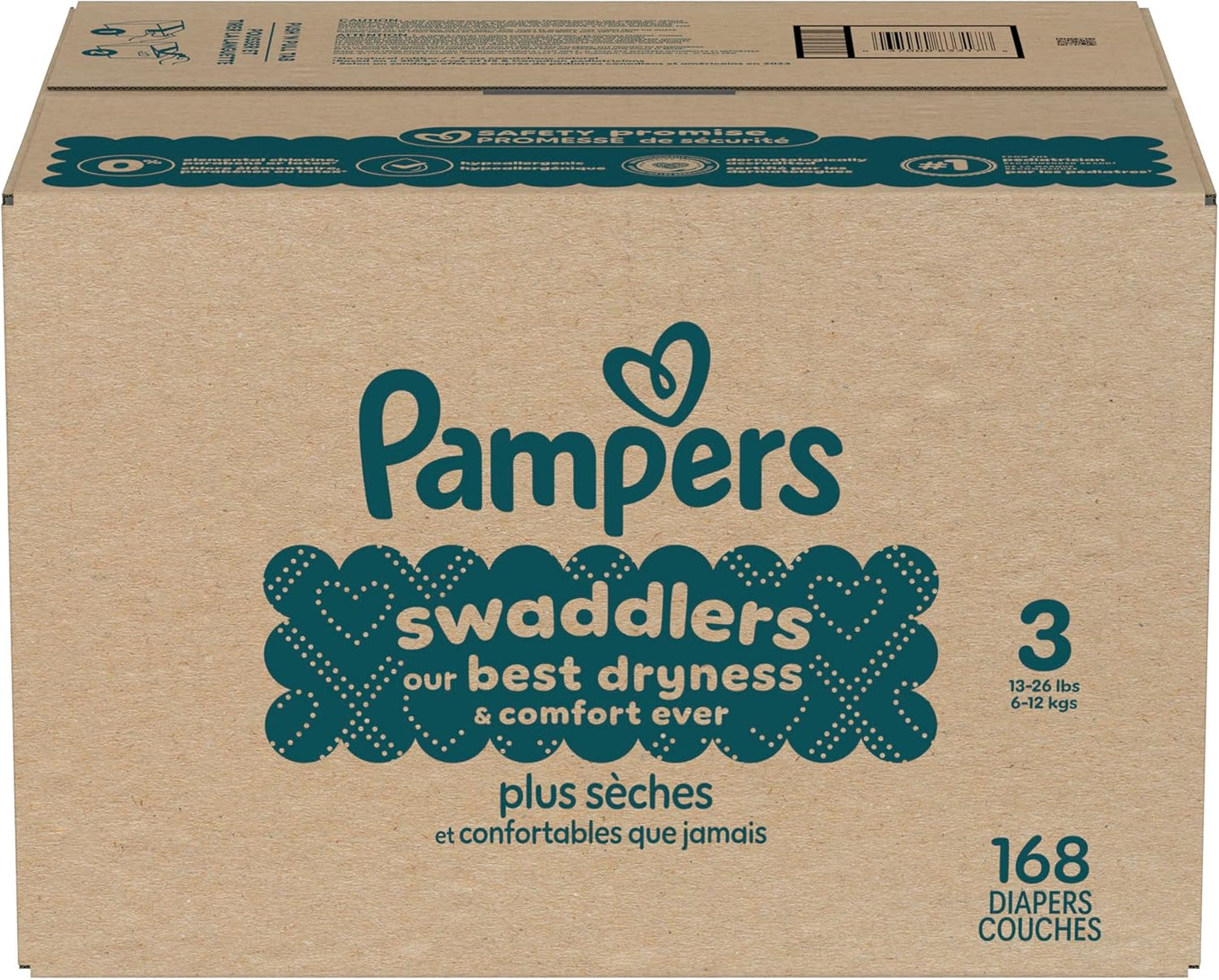 Pampers Swaddlers Diapers, Size 3 (13-26 Lbs), 168 Count, Absorbent, Keeps Baby Dry and Comfortable, Skin Safe Disposable Baby Diaper