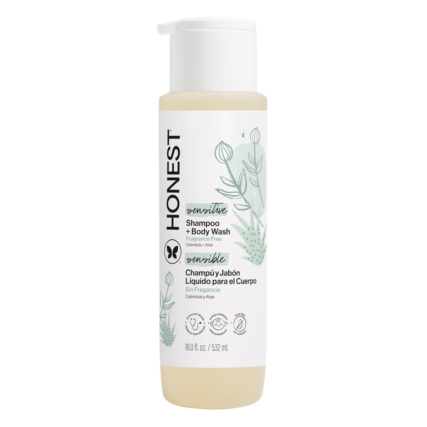 The Honest Company 2-In-1 Baby Shampoo & Body Wash, Fragrance-Free, Gentle, Tear-Free, Hypoallergenic, Naturally Derived, Sensitive Skin, 18 Fl Oz