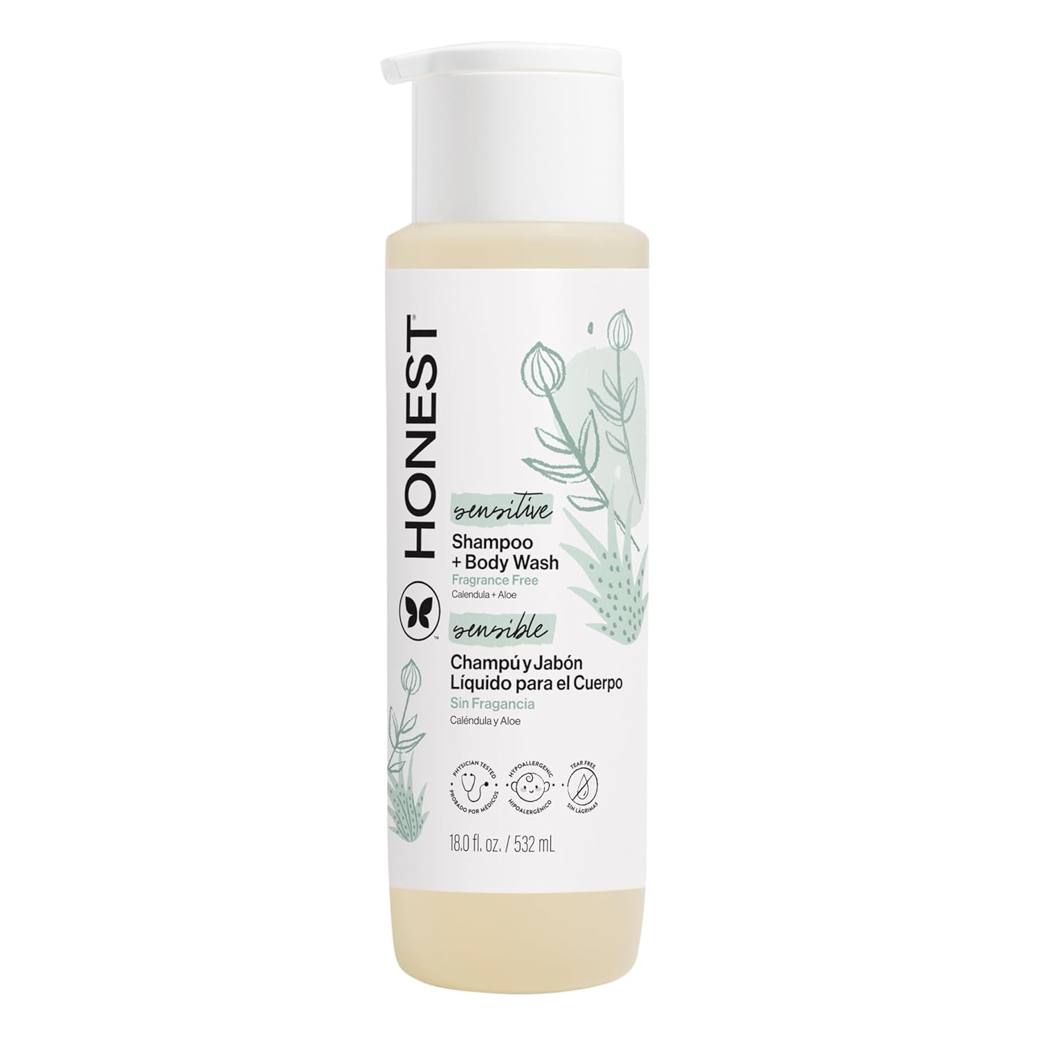 The Honest Company 2-In-1 Baby Shampoo & Body Wash, Fragrance-Free, Gentle, Tear-Free, Hypoallergenic, Naturally Derived, Sensitive Skin, 18 Fl Oz