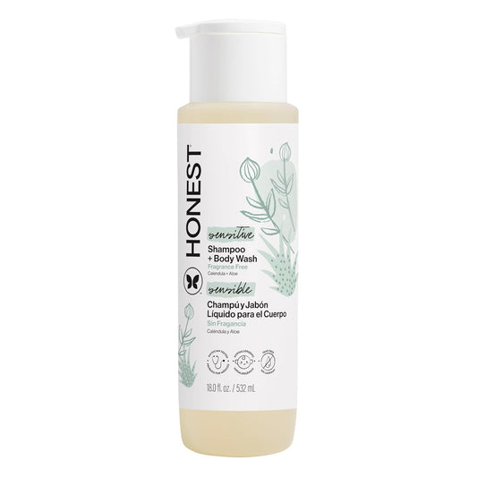 The Honest Company 2-In-1 Baby Shampoo & Body Wash, Fragrance-Free, Gentle, Tear-Free, Hypoallergenic, Naturally Derived, Sensitive Skin, 18 Fl Oz