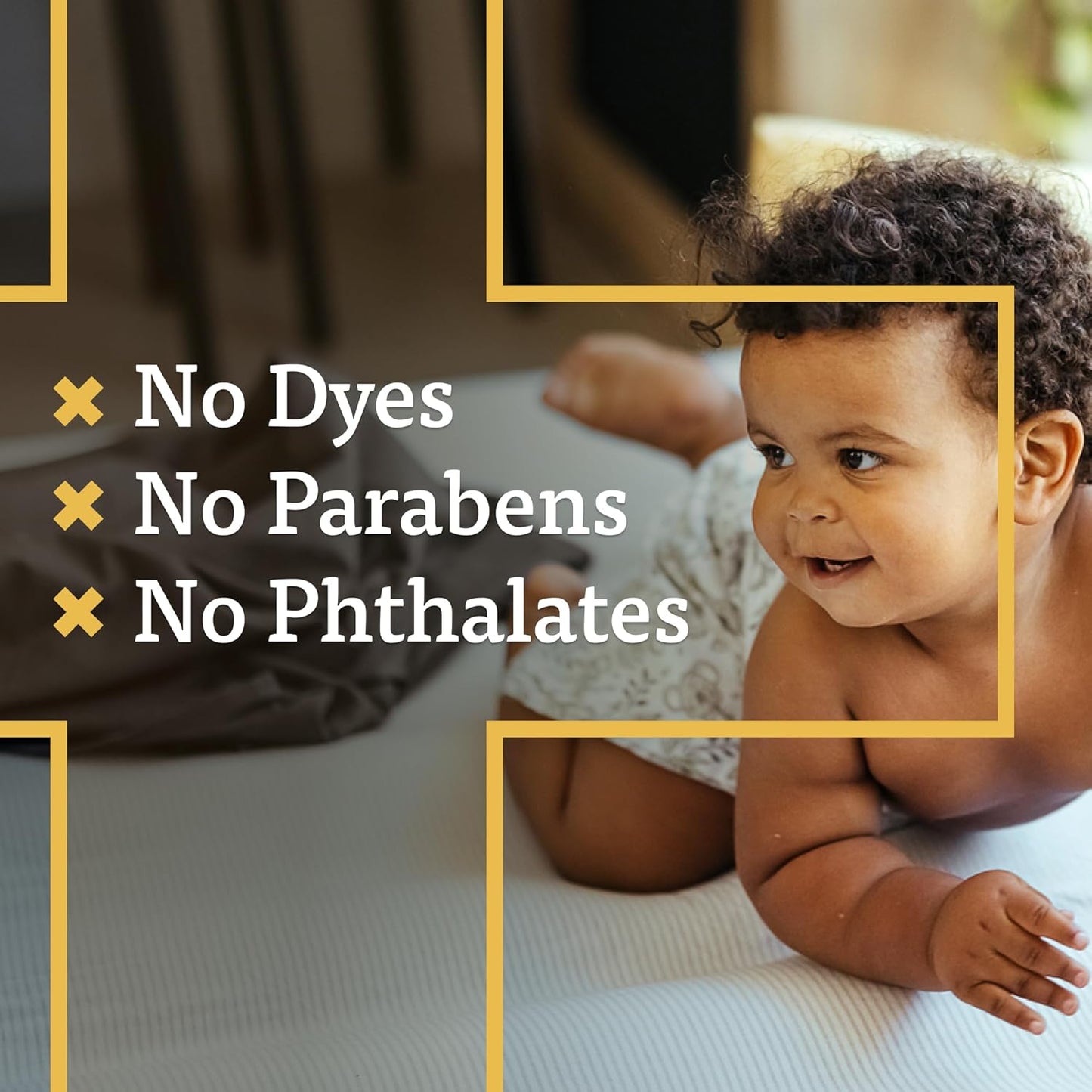 A+D diaper rash ointment displayed with text highlighting no dyes, no parabens, and no phthalates for safe use.