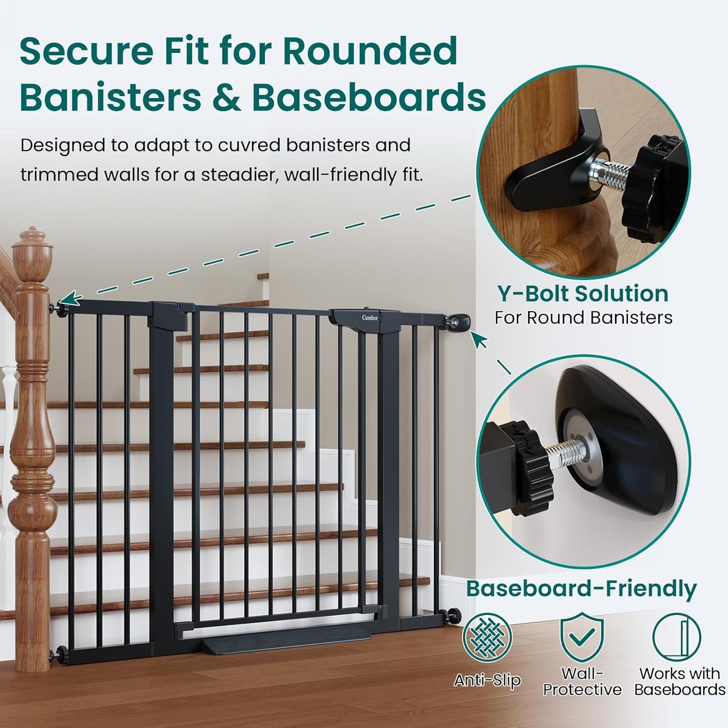 Cumbor 29.7-46" Baby Gate for Stairs, Mom'S Choice Awards Winner-Auto Close Dog Gate for the House, Gifts for Mom, Easy Install Pressure Mounted Pet Gates for Doorways, Black