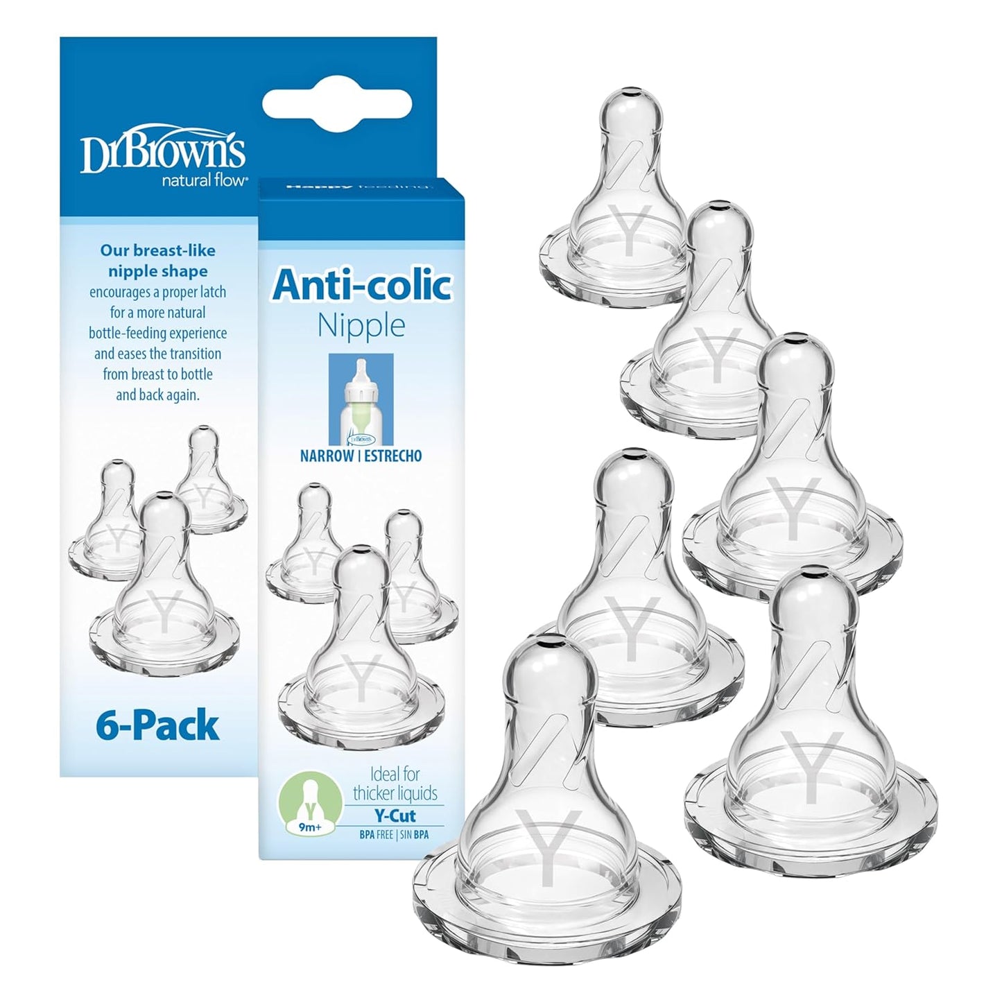 Dr. Brown’S Natural Flow Y-Cut Narrow Baby Bottle Silicone Nipple, Ideal for Thicker Liquids, 9M+, 100% Silicone Bottle Nipple, 6 Count
