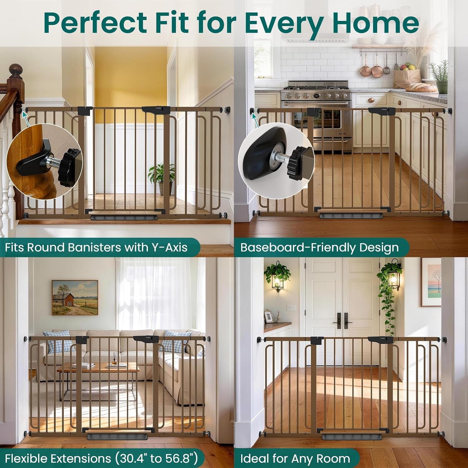 Cumbor 30.4-56.8" Extra Wide Baby Gate for Stairs, Dual Lock & Self-Closing Dog Gate Indoor, Easy Install Pet Gate for Doorways & Wide Openings, Easy Walk Thru Safety Proofing for Babies & Pets, Brown