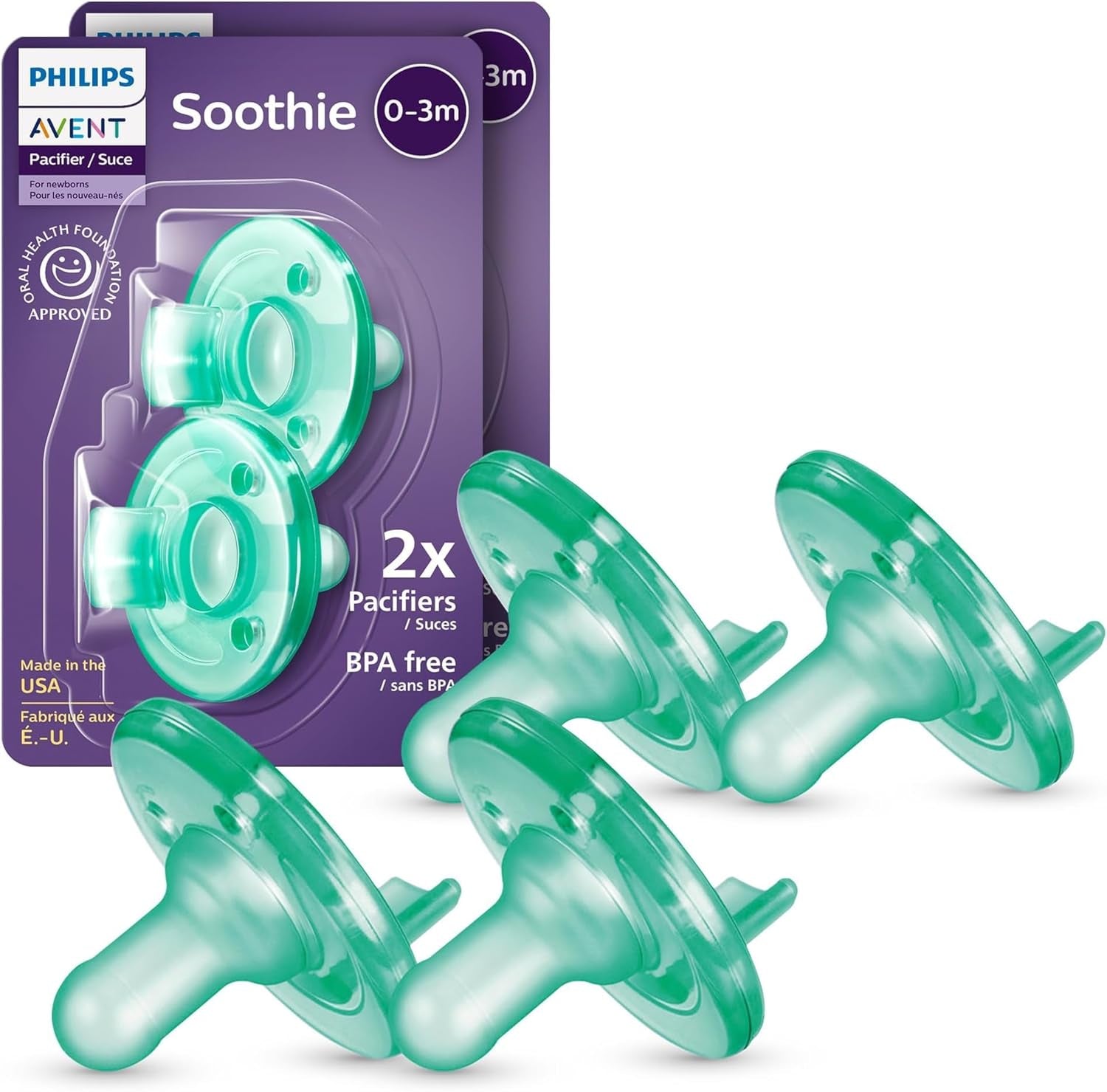 Philips Avent Soothie Baby Pacifiers - 100% Silicone Pacifiers for Babies 0-3 Months,-Piece Design,Bpa-Free,Extra Durable,Green,Model SCF190/41,4 Count (Pack of 10)