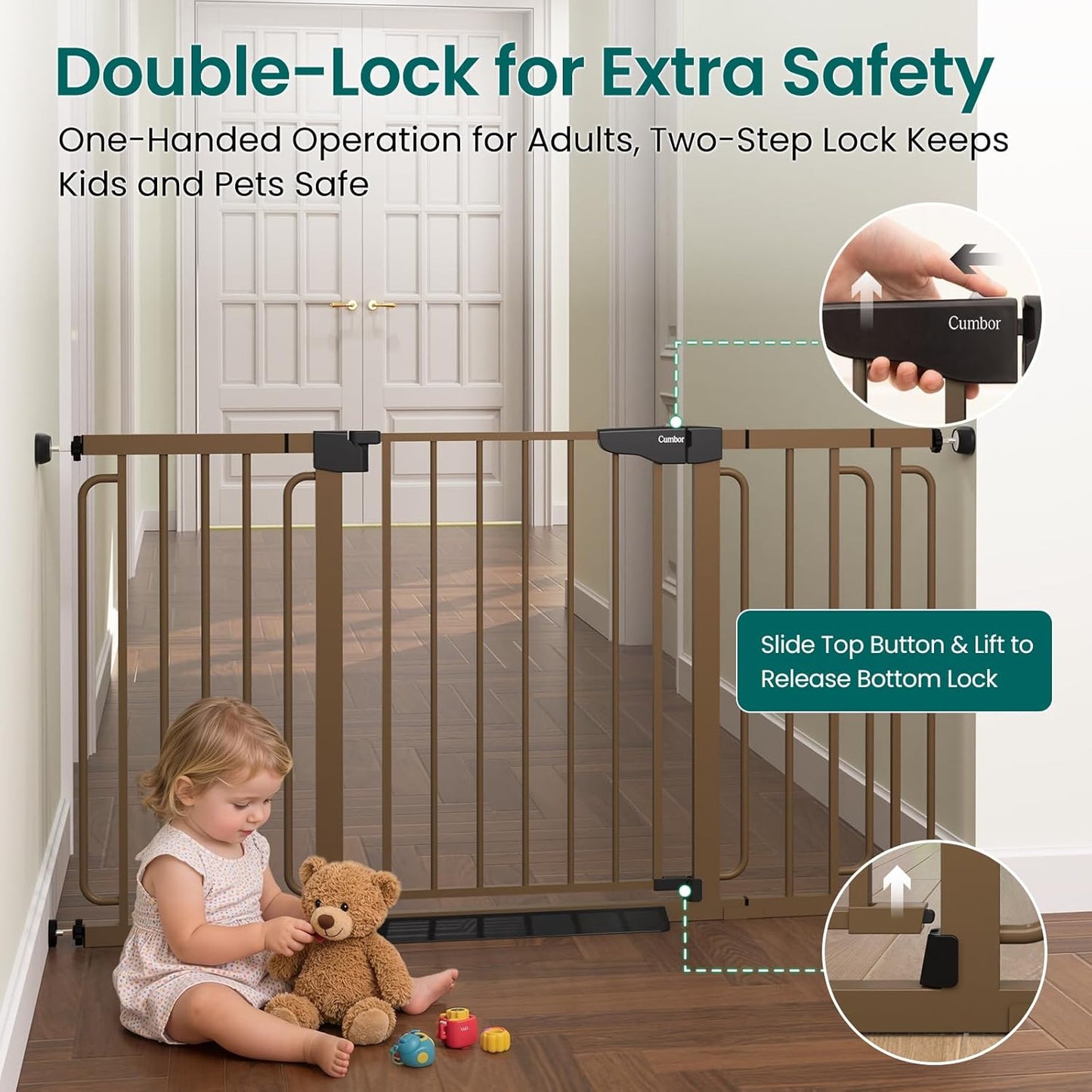 Cumbor 30.4-56.8" Extra Wide Baby Gate for Stairs, Dual Lock & Self-Closing Dog Gate Indoor, Easy Install Pet Gate for Doorways & Wide Openings, Easy Walk Thru Safety Proofing for Babies & Pets, Brown