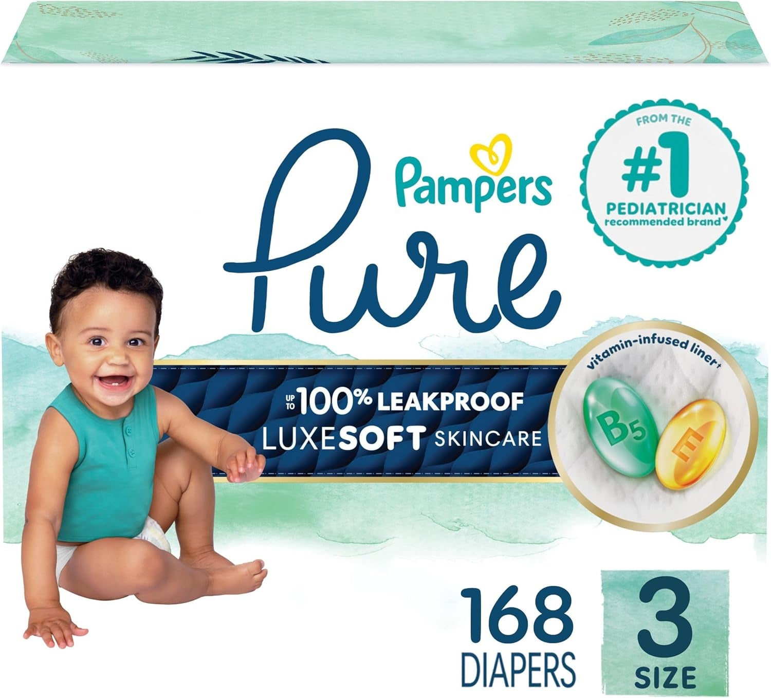 Pampers Pure Baby Diapers, Size 3 (16-28 Lbs), 168, up to 100% Leakproof, Premium Hypoallergenic Soft Diapers