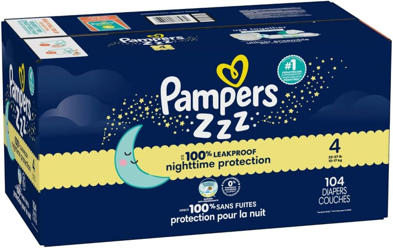 Pampers ZZZ Overnight Diapers, Size 4 (22-37 Lbs), 104 Count, Nighttime Protection Disposable Baby Diaper, Night Time Leak and Skin Protection