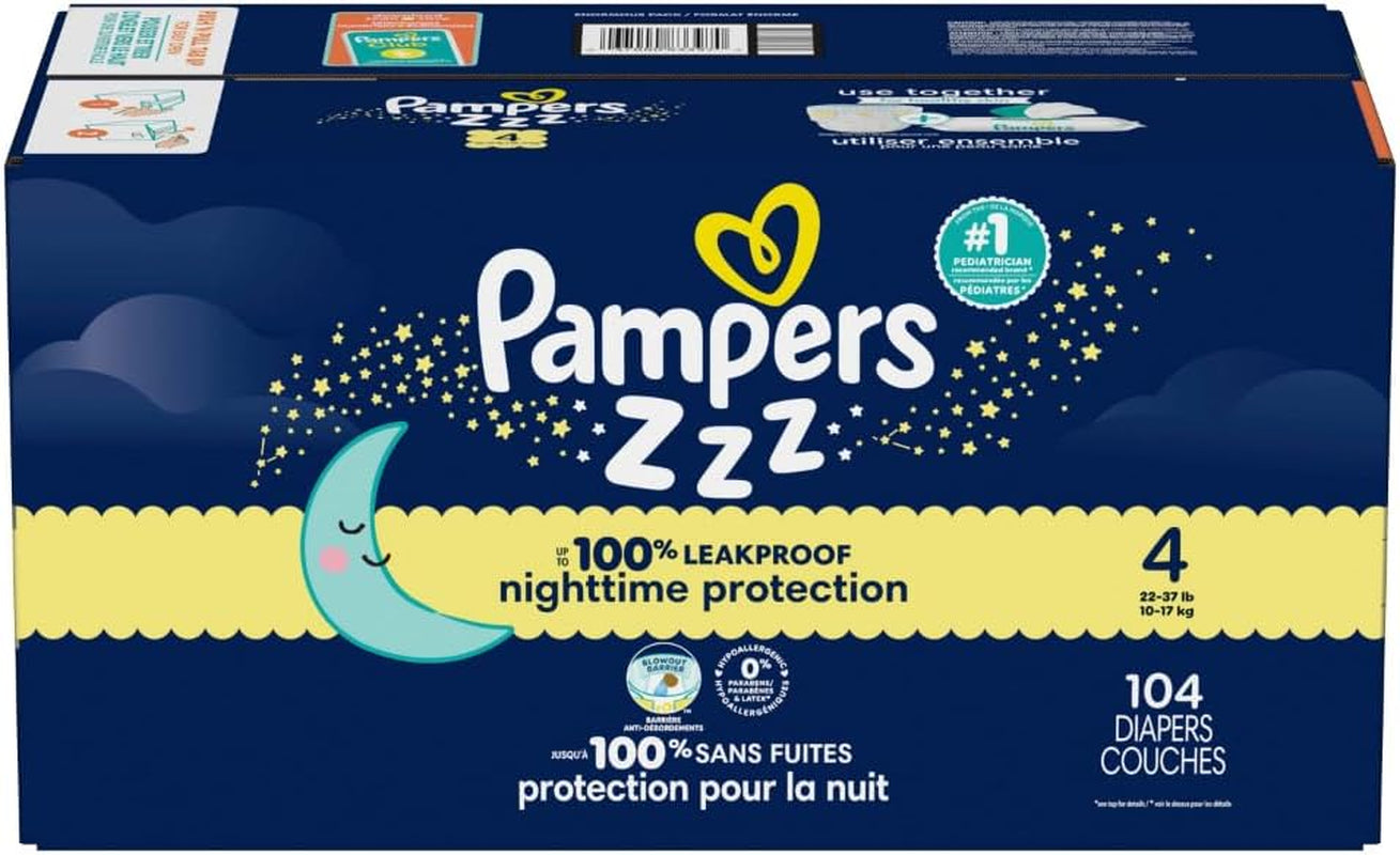 Pampers ZZZ Overnight Diapers, Size 4 (22-37 Lbs), 104 Count, Nighttime Protection Disposable Baby Diaper, Night Time Leak and Skin Protection