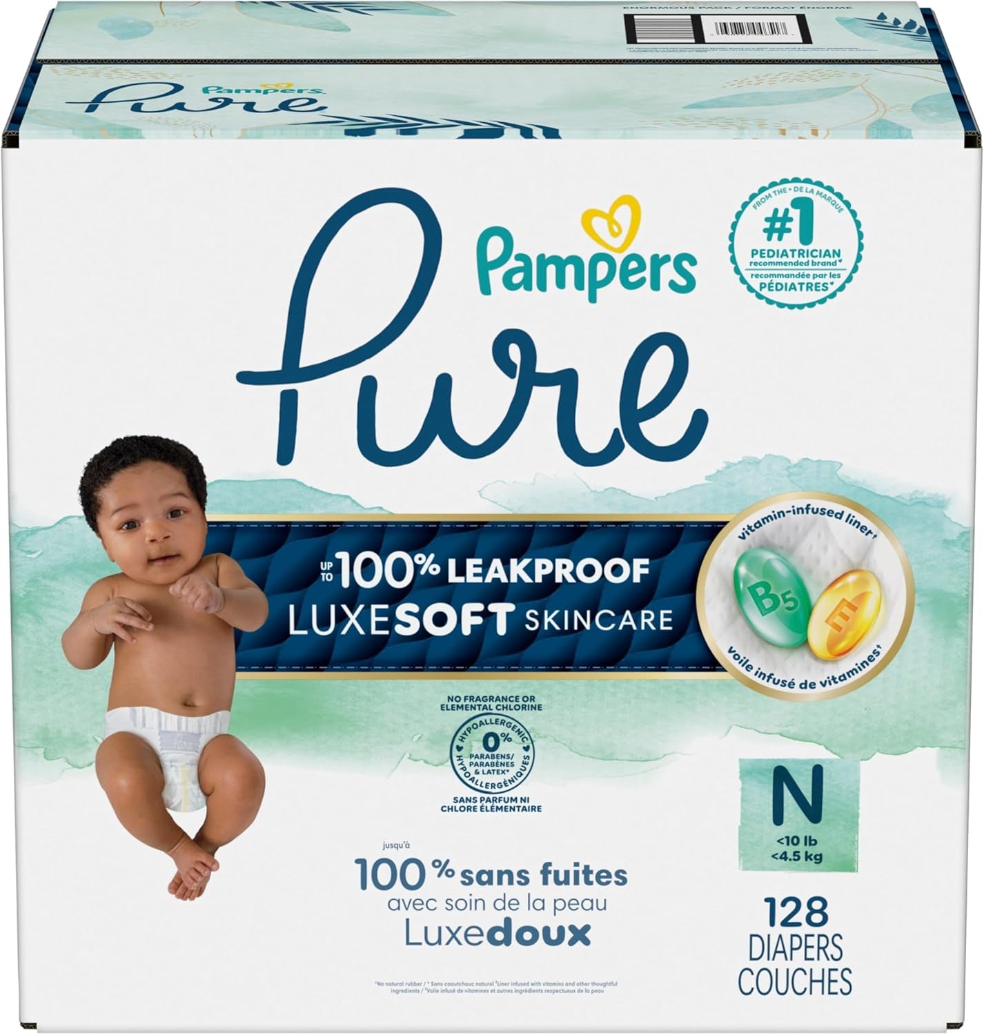 Pampers Pure Baby Diapers, Size 0 (>10 Lbs ), 128, up to 100% Leakproof, Premium Hypoallergenic Soft Diapers