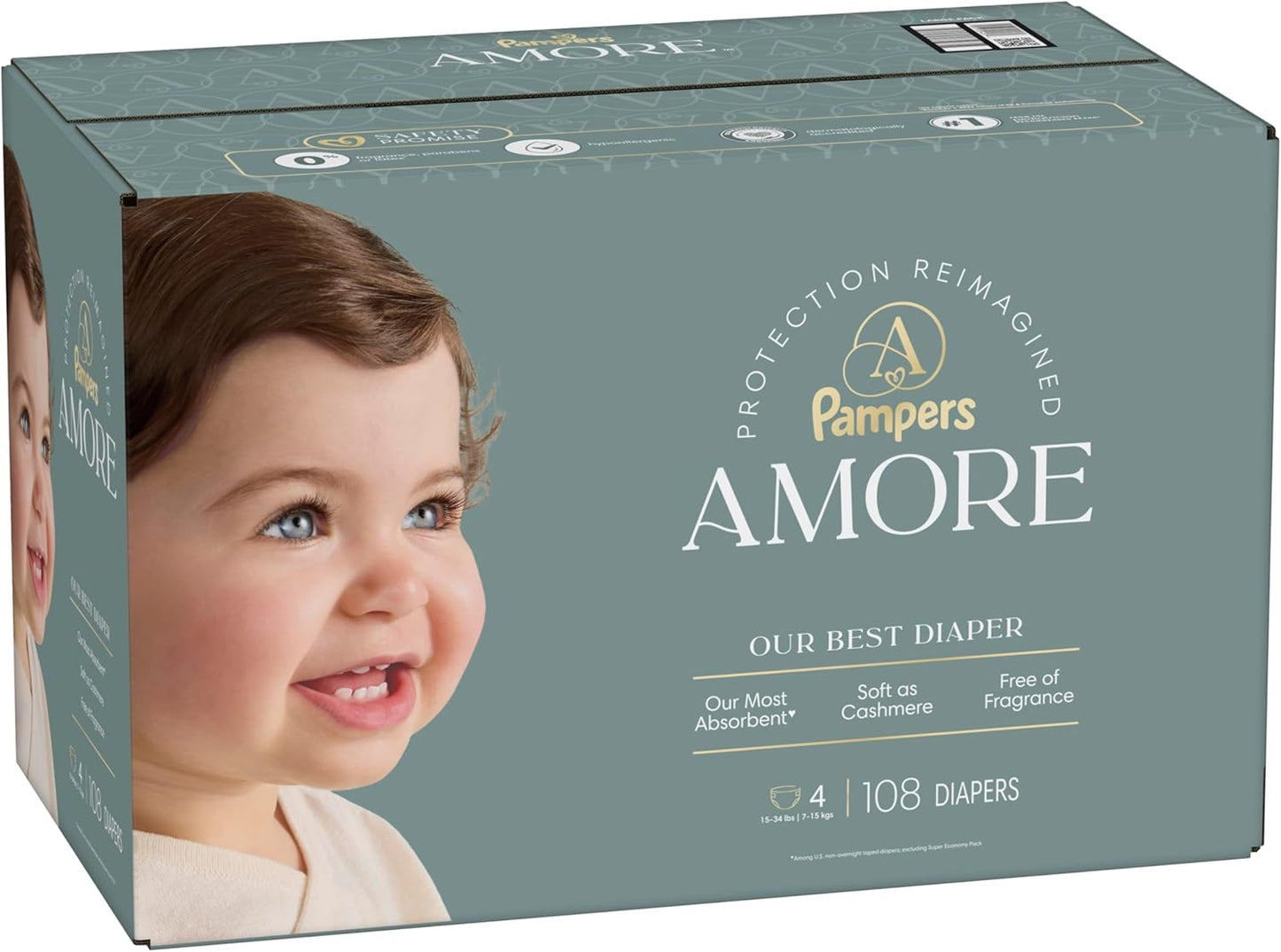 Pampers Amore, Size 4 (15-34 Lbs), 150 Count, Our Best Diaper – Hypoallergenic & Fragrance Free, up to 100% Leakproof, Soft as Cashmere