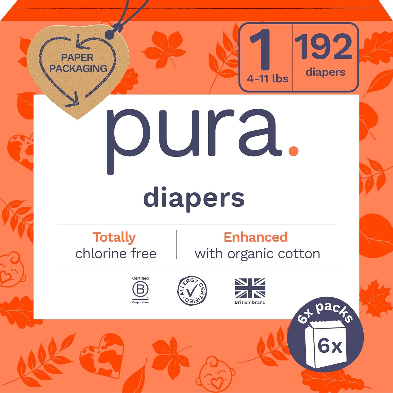 Pura Hypoallergenic Diapers, Size 1 (4-11 Lbs), Monthly Pack, Totally Chlorine Free, Wetness Indicator, Suitable for Sensitive Skin, Soft Cotton Comfort, Overnight, 6 Packs of 32 (192 Baby Diapers)